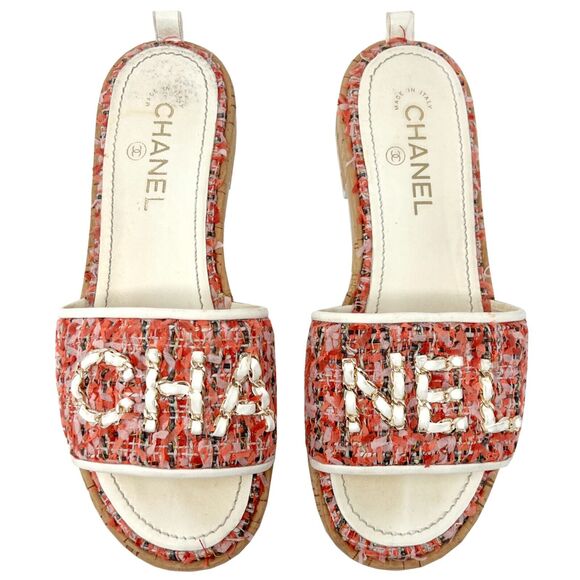 Chanel Logo Tweed Cork Slide Sandals 38.5 Coral CR21 Cruise 2021 - Picture 2 of 11
